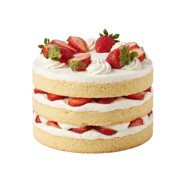 Three layer sponge cake with fresh strawberries and whipped cream