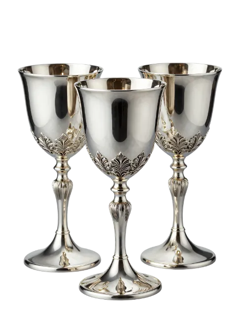 Three Silver Chalices With Ornate Detailing