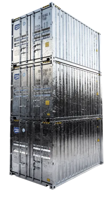 Three Stacked Silver Shipping Containers