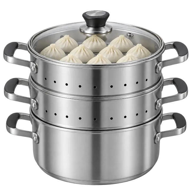 Three Tier Stainless Steel Steamer Pot with Dumplings