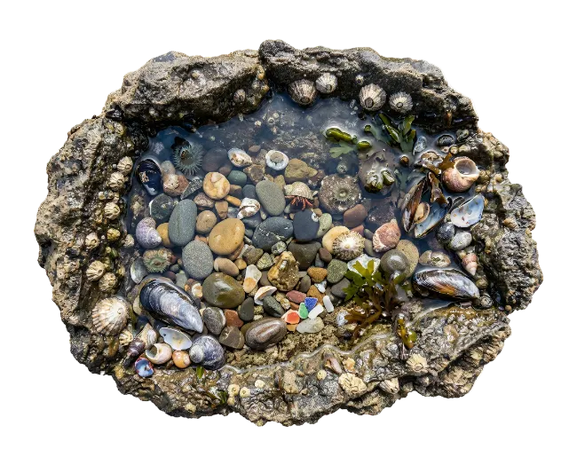 Tidal Rock Pool with Sea Shells and Pebbles