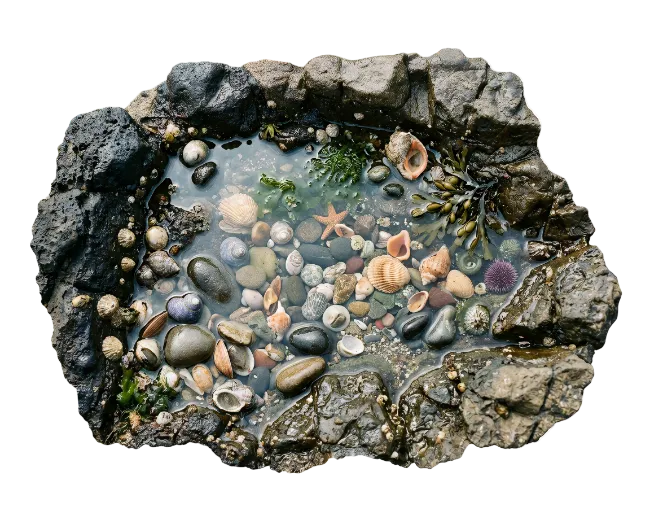 Tide pool with sea shells and stones