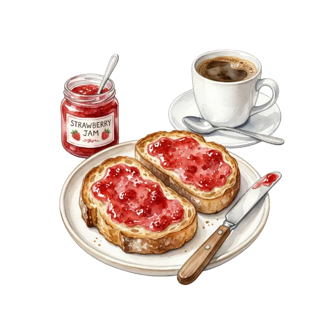 Toast with strawberry jam and coffee watercolor illustration