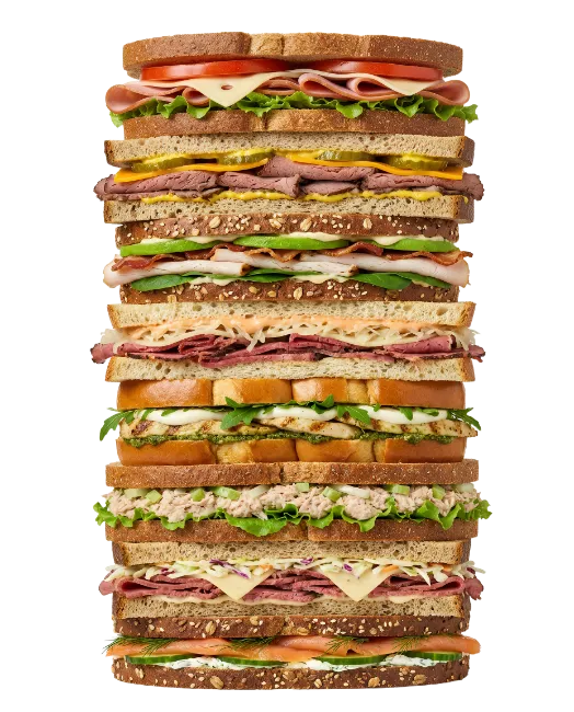 Tower of assorted deli sandwiches stacked vertically