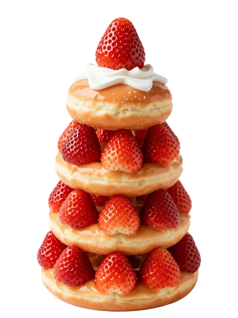 Tower of Glazed Donuts and Fresh Strawberries