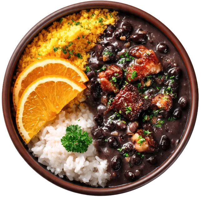 Traditional Brazilian Feijoada Bowl with Rice and Orange