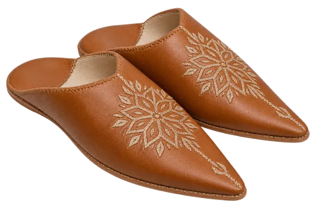 Traditional Brown Leather Slippers with Embroidery