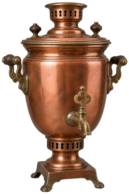 Traditional copper samovar with ornate handles and spigot