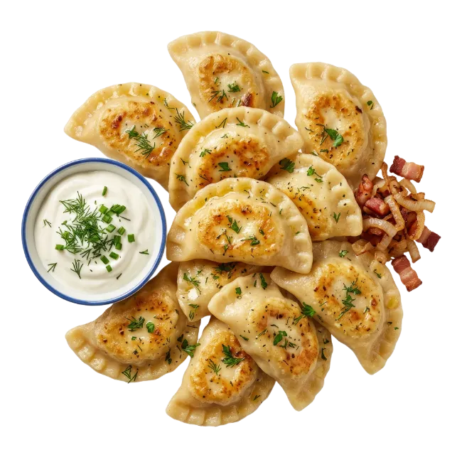 Traditional Fried Pierogi with Sour Cream and Bacon