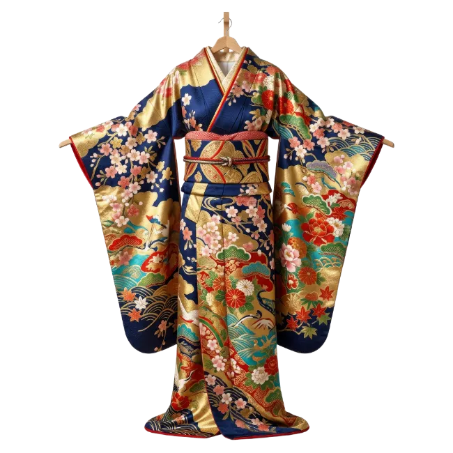 Traditional Japanese Blue and Gold Kimono