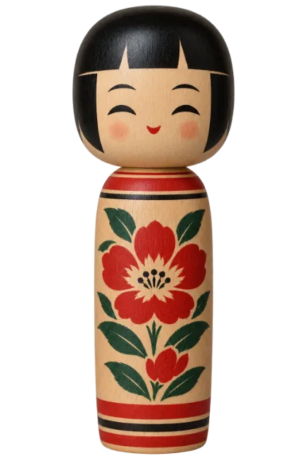 Traditional Japanese Kokeshi Wooden Doll with Floral Pattern