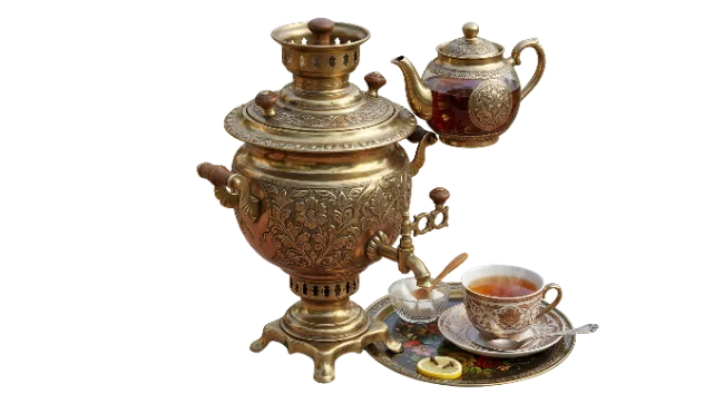 Traditional Russian Samovar With Teapot and Cup