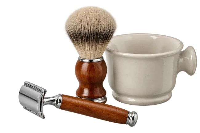 Traditional shaving kit with razor, brush and mug