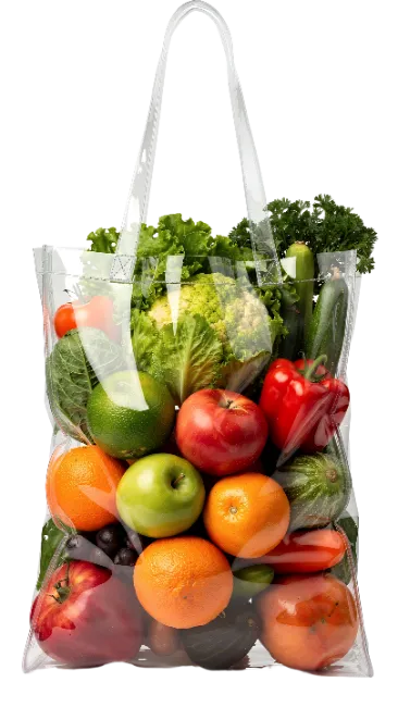 Transparent shopping bag filled with fresh fruits and vegetables