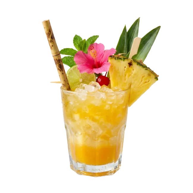Tropical Cocktail With Fruit Garnish And Bamboo Straw