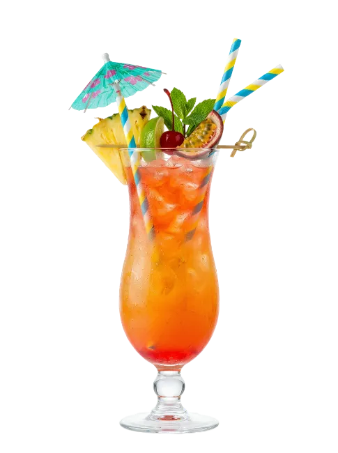 Tropical Cocktail With Fruit Garnish And Paper Umbrella