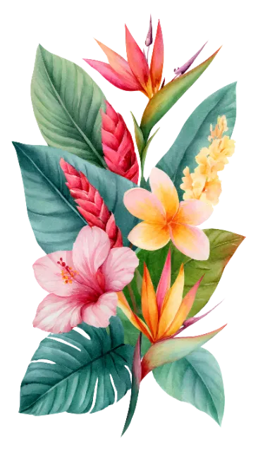 Tropical Flower and Leaf Watercolor Composition