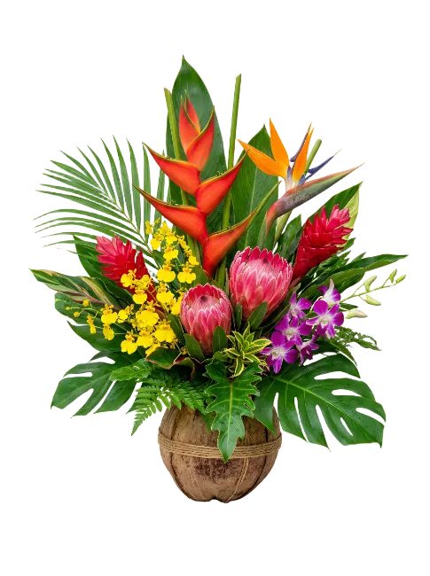 Tropical Flower Arrangement in Coconut Shell