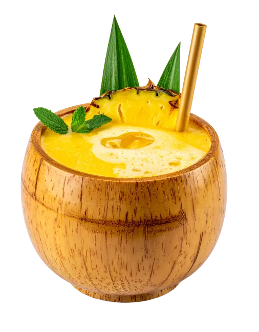 Tropical pineapple cocktail in a wooden coconut cup