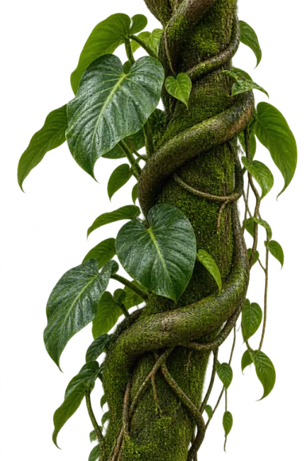Tropical Tree Trunk Covered in Moss and Climbing Green Vines
