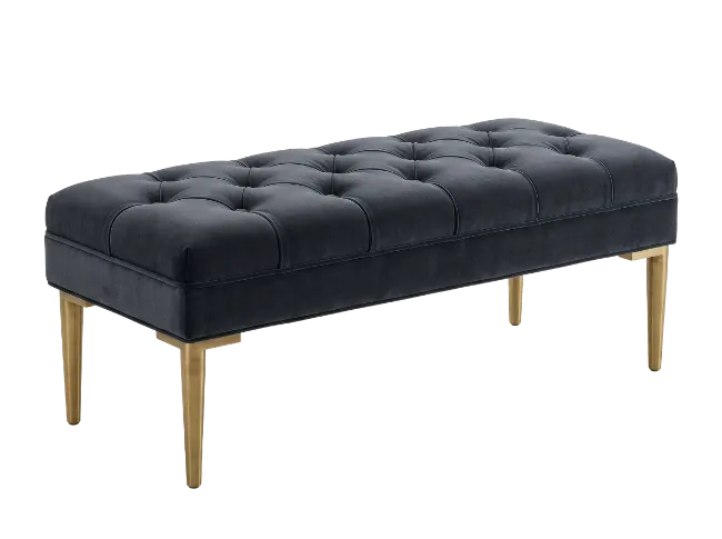 Tufted Dark Velvet Bench with Gold Legs