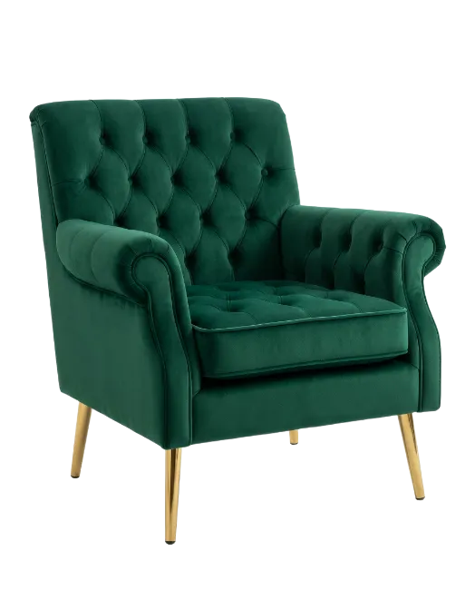 Tufted Green Velvet Armchair with Gold Legs