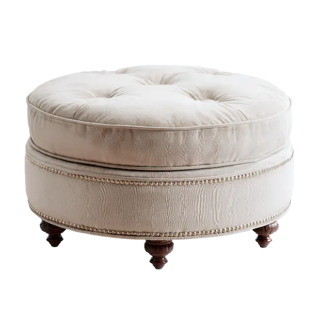 Tufted round ottoman with wooden legs