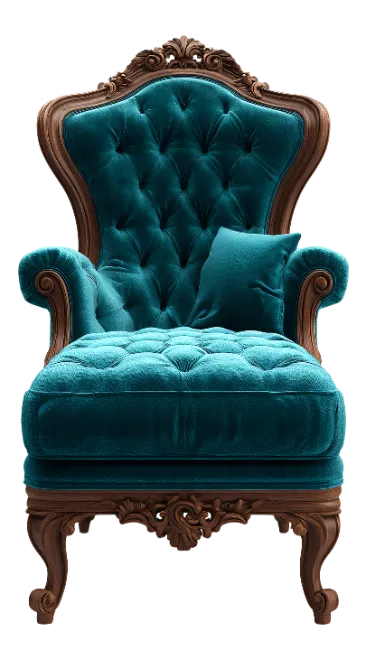 Tufted Teal Armchair with Wooden Carved Frame