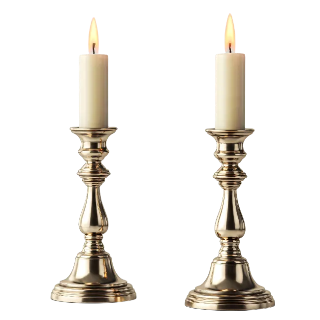 Two Burning Candles in Brass Candlesticks