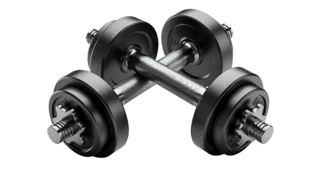 Two crossed black metal dumbbells for strength training