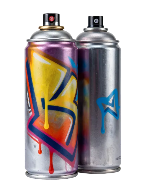 Two graffiti spray paint cans with colorful designs