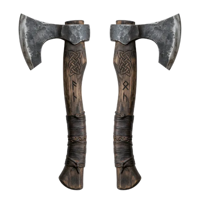 Two medieval battle axes with carved wooden handles