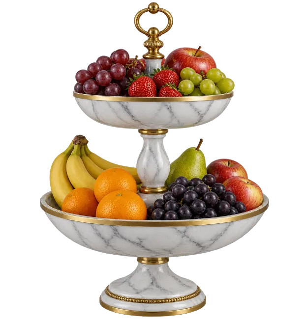 Two Tier Marble Fruit Stand With Fresh Fruits