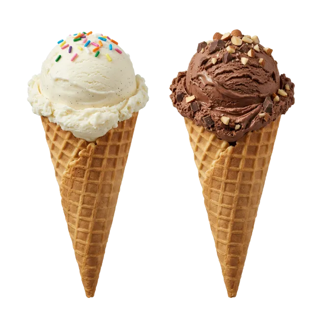 Two Waffle Cones with Vanilla and Chocolate Ice Cream