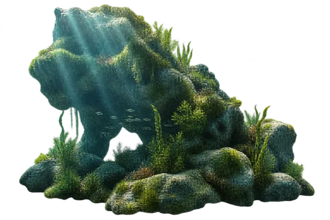 Underwater Mossy Rock Cave with Light Rays