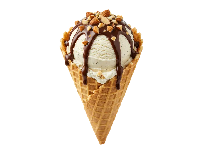 Vanilla ice cream cone with chocolate syrup and almonds
