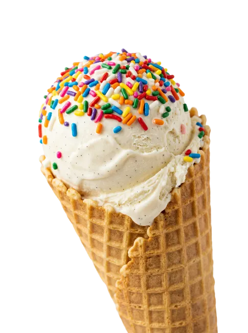 Vanilla ice cream cone with colorful sprinkles