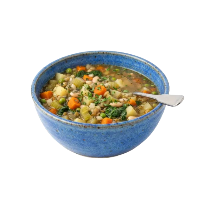Vegetable Soup in Blue Ceramic Bowl