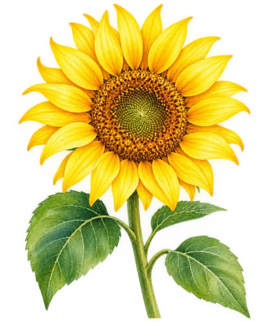 Vibrant Sunflower Illustration with Green Leaves