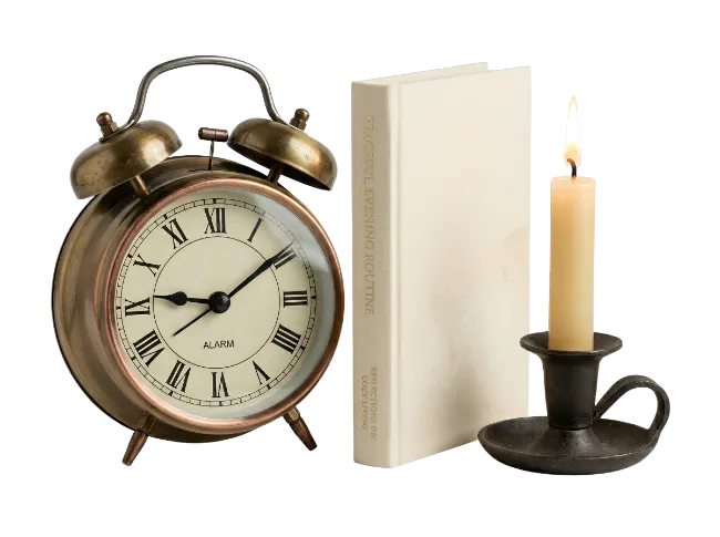 Vintage Alarm Clock with Book and Lit Candle