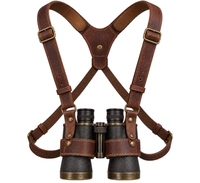 Vintage Binoculars With Brown Leather Harness