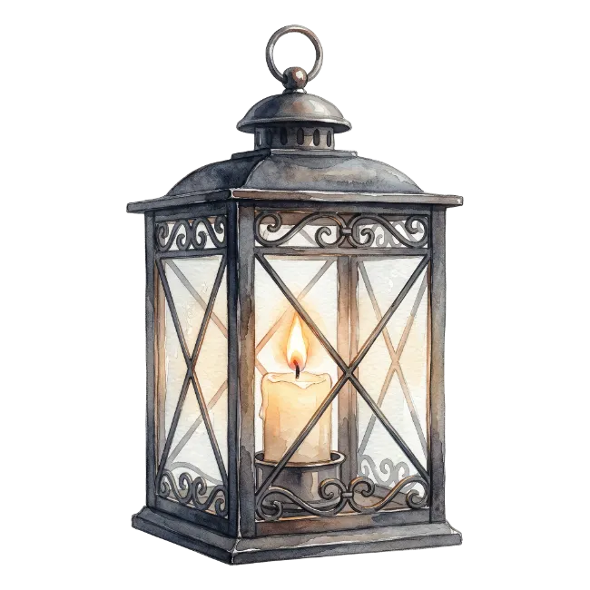 Vintage Black Metal Lantern with Glowing Candle