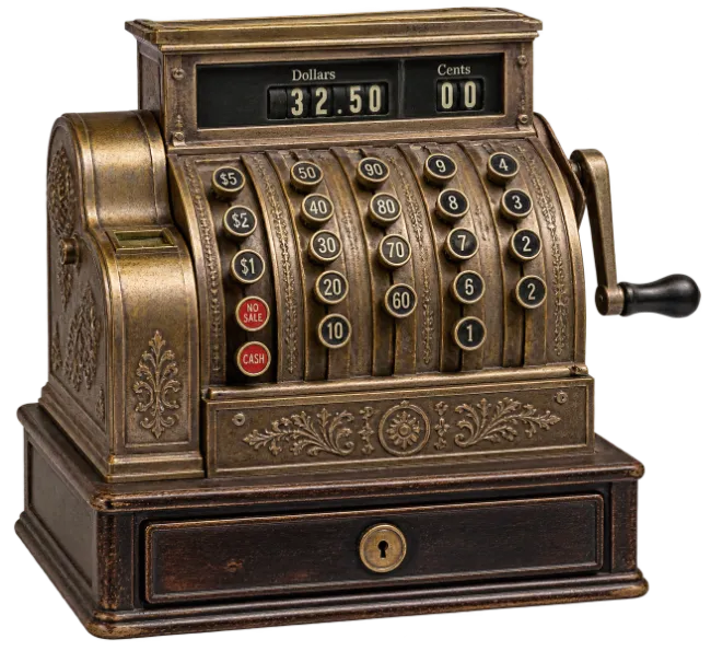 Vintage Brass Cash Register with Mechanical Keys