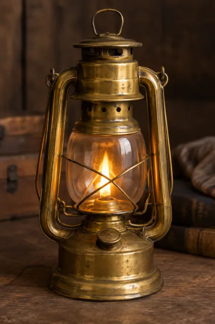 Vintage Brass Oil Lantern with Glowing Flame