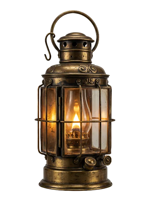 Vintage Brass Oil Lantern with Lit Flame
