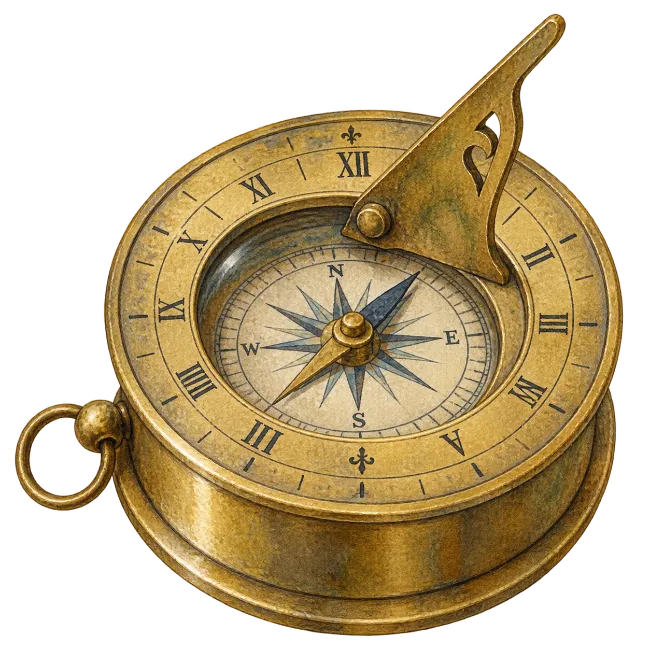 Vintage Brass Pocket Sundial and Compass Illustration