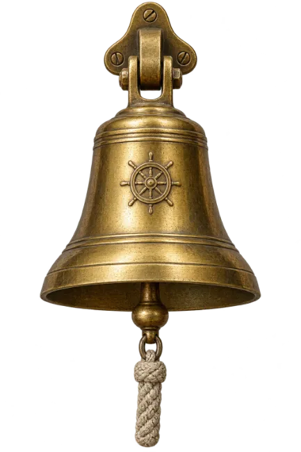 Vintage Brass Ship Bell with Nautical Wheel and Rope Clapper