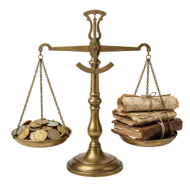 Vintage Brass Weighing Scale With Coins And Documents