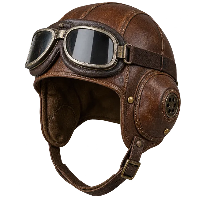Vintage Brown Leather Aviator Helmet with Goggles