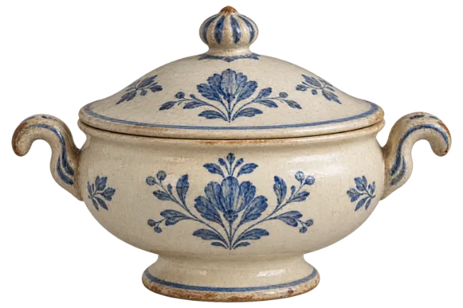 Vintage Ceramic Soup Tureen with Blue Floral Design